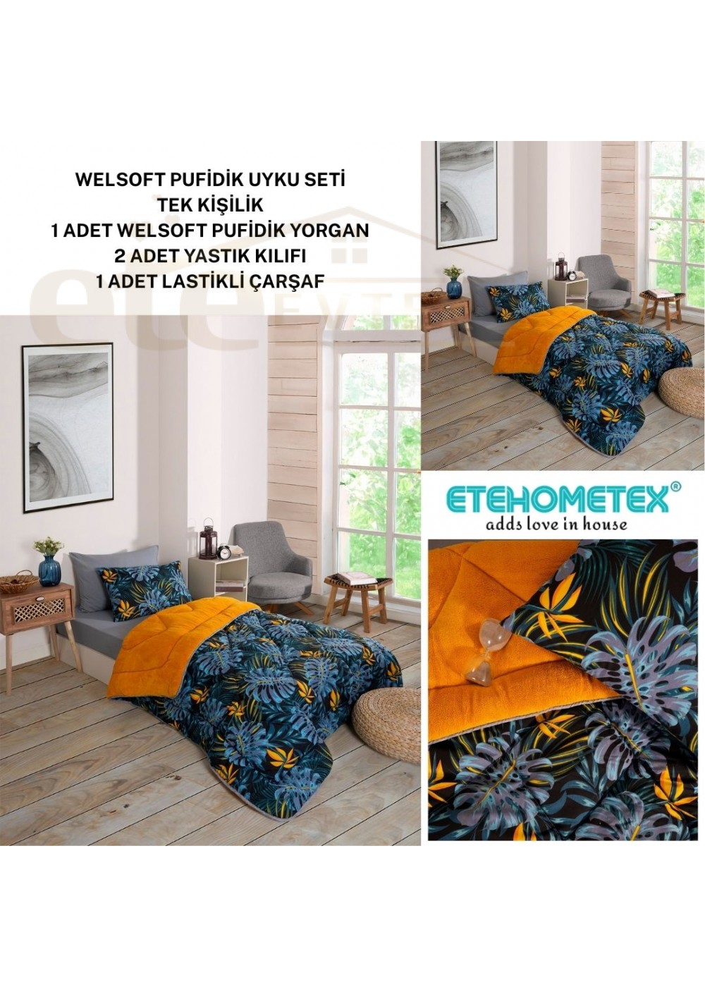ETE HOMETEX TEK KİŞİLİK WELSOFT UYKU SETİ MONESTERA HARDAL 8696474232015